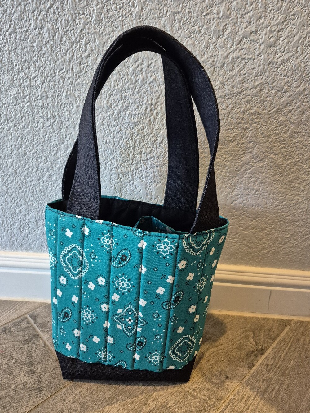 Quilted Handmade Teal Patterned Tote Bag with Black Handles